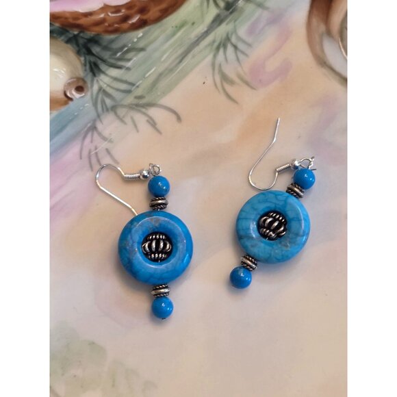 Howlite Sleeping Beauty Sky Blue & Silver Beaded Dangle Earrings With Hook Back - Picture 3 of 4